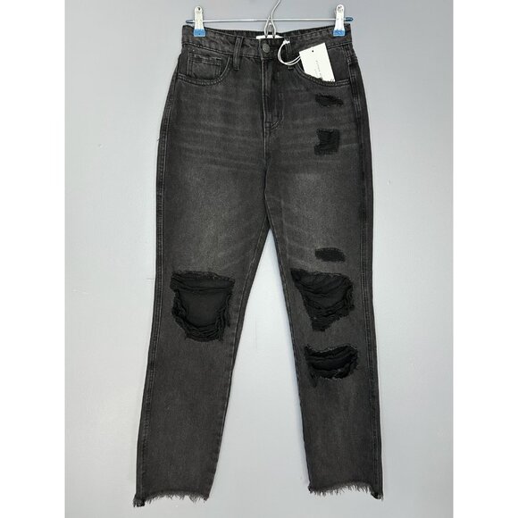 Flying Monkey Black Label Jeans Womens 25 Black Distressed Super High Rise Crop - Picture 2 of 16